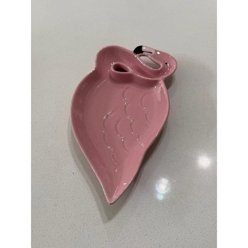 Pink Flamingo Ceramic Trinket Dish Ring Jewelry Holder Tray Glossy Tropical